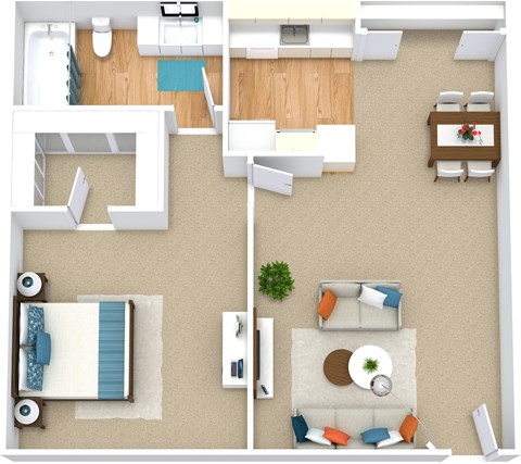 A top down view of a living room, dining room, kitchen, and bathroom.